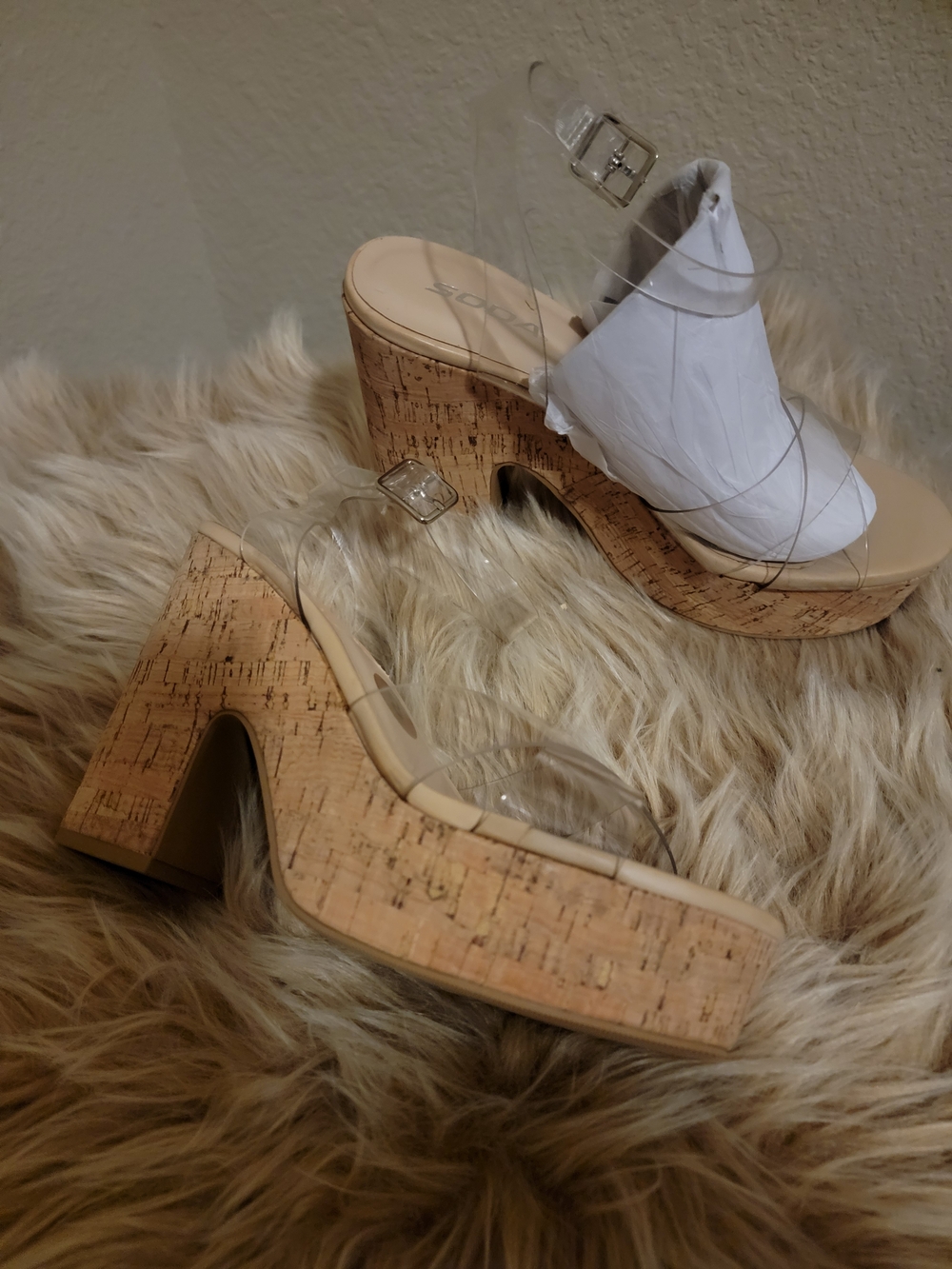 Soda Clear Strap Cork Platform Heels - White & Natural - Picture 2 of 4